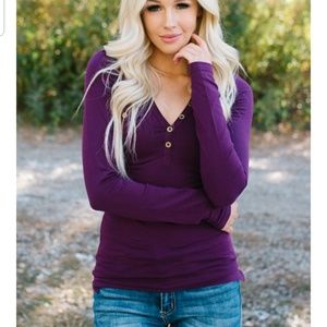 Purple button up long sleeve henley shirt top